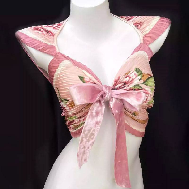 Bowknot ruffle ruched contrast flower print skirt set