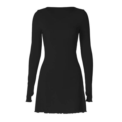 Ribbed solid long sleeve gloves lace up ruffle mini dress