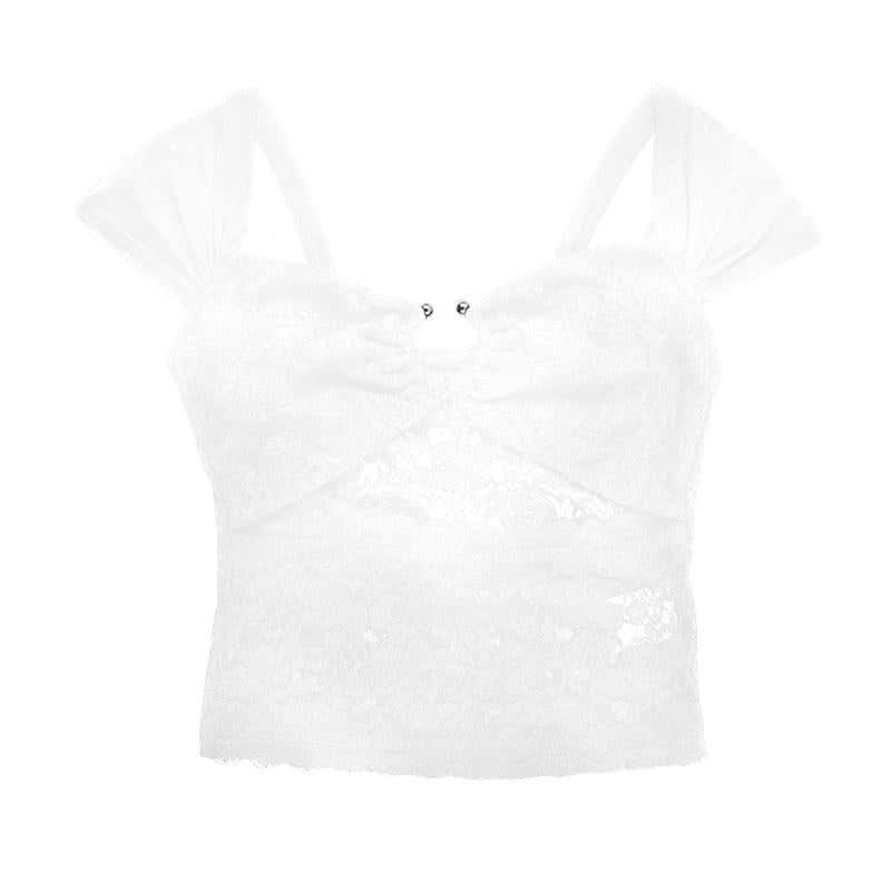 Hollow out lace cap sleeve v neck solid cut out top