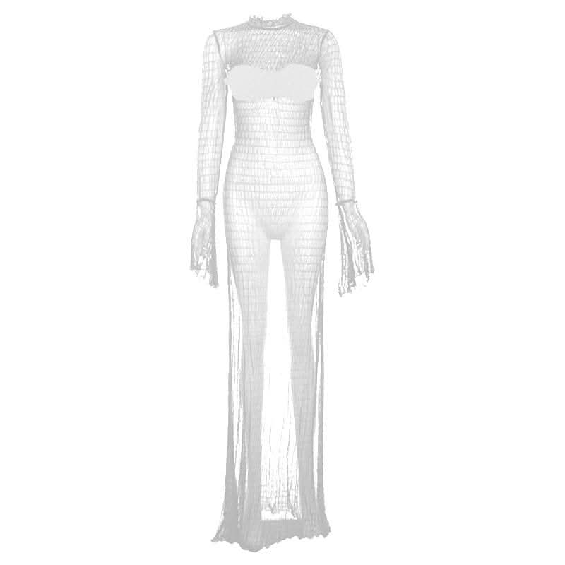 Long flared sleeve textured see through maxi dress-final-sale