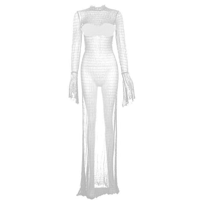 Long flared sleeve textured see through maxi dress-final-sale