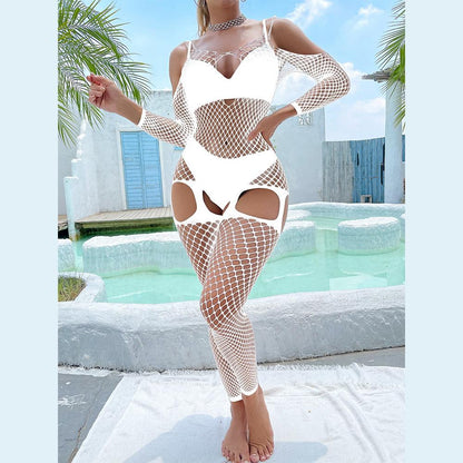 Fishnet hollow out off shoulder open crotch bodystocking