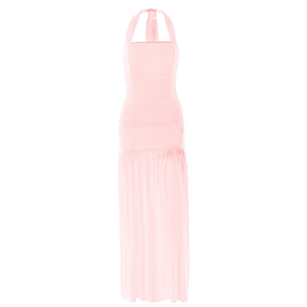 Halter ruched backless solid maxi dress