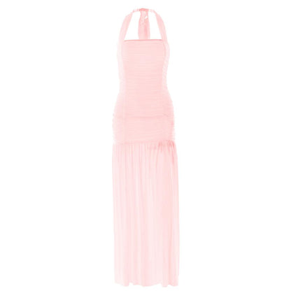 Halter ruched backless solid maxi dress