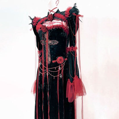 Long sleeve flower applique ruffle feather maxi dress