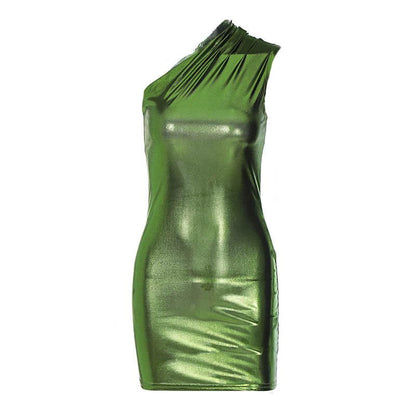 Metallic One Shoulder Ruched Asymmetric Bodycon Mini Dress