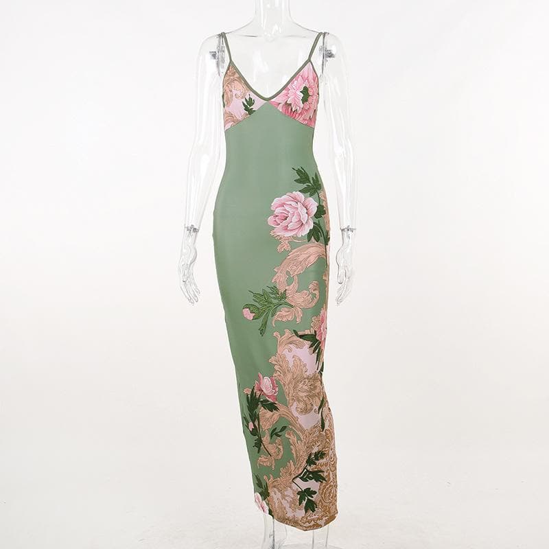 Spaghetti Strap V-Neck Floral Baroque Print Satin Bodycon Maxi Dress