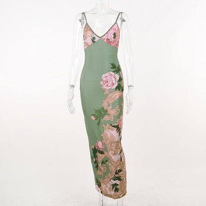 Spaghetti Strap V-Neck Floral Baroque Print Satin Bodycon Maxi Dress