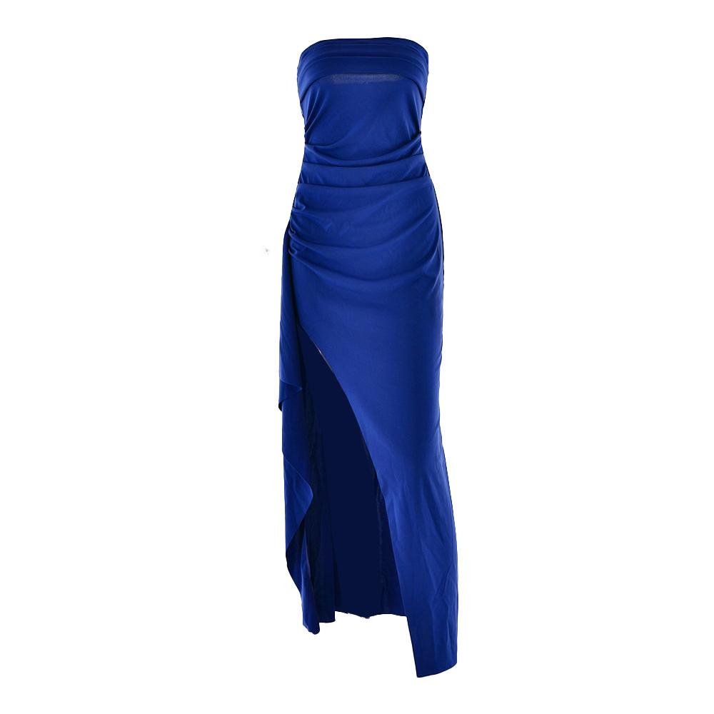 Ruched high slit irregular ruffle tube maxi dress