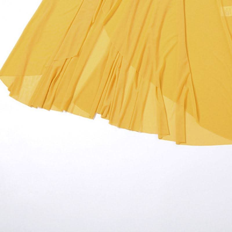 Irregular mesh v neck ruched solid cami maxi dress