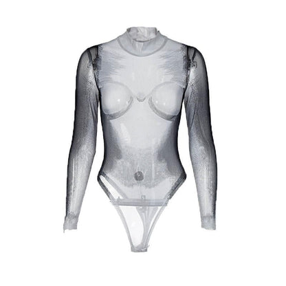 Sheer mesh see through body print high neck long sleeve bodysuit