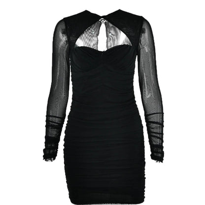 Hollow out ruched mesh long sleeve zip-up button cut out mini dress