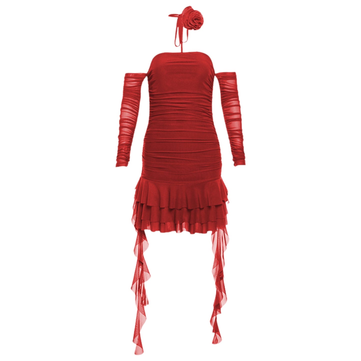 Long sleeve sheer mesh flower applique mini dress
