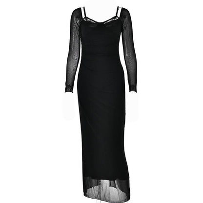 Off Shoulder Mesh Long Sleeve Lace Trim Ruched Maxi Dress