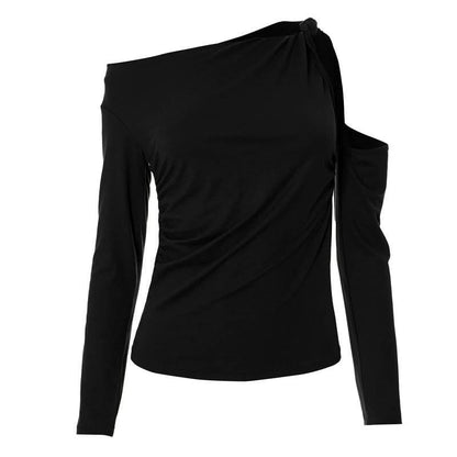 Hollow out long sleeve ruched one shoulder knotted cut out top