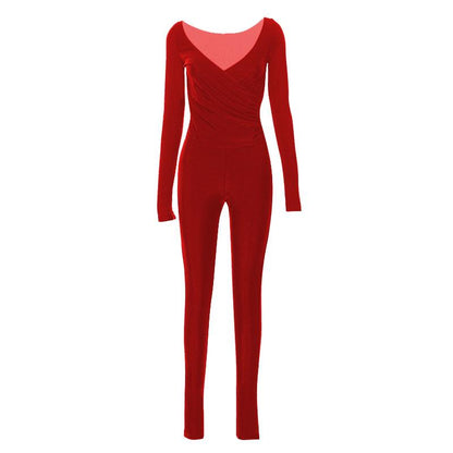 Long sleeve gloves solid v neck ruched jumpsuit