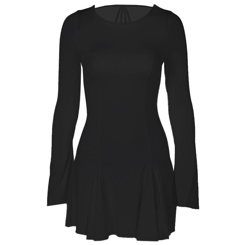 Long Sleeve Princess Seam Crisscross Back Tie Pleated Skater Mini Dress