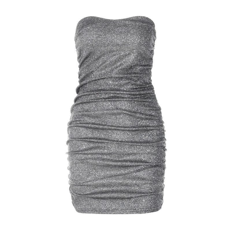 Strapless All-Over Ruched Glitter Knit Bodycon Tube Mini Dress