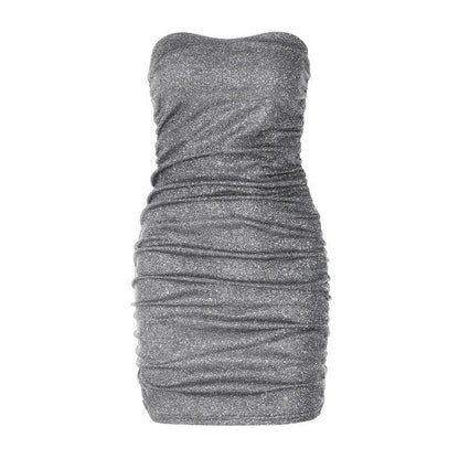 Strapless All-Over Ruched Glitter Knit Bodycon Tube Mini Dress