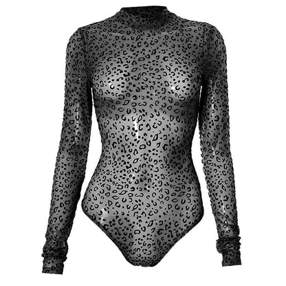 Long sleeve leopard print button sheer mesh bodysuit