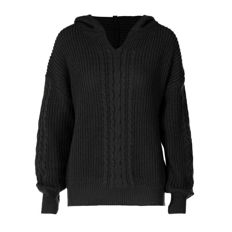 Hoodie long sleeve knitted solid v neck top-final-sale