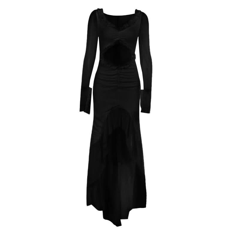 Hollow out long sleeve ruched ruffle mesh cut out maxi dress