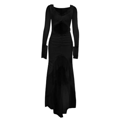 Hollow out long sleeve ruched ruffle mesh cut out maxi dress