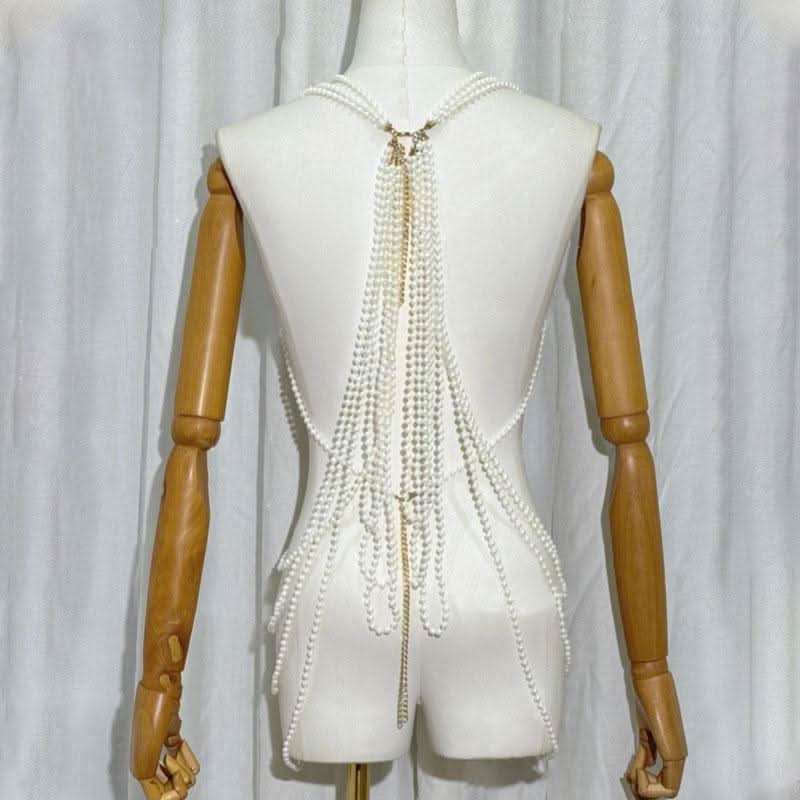 Beaded hollow out metal chain v neck cut out top