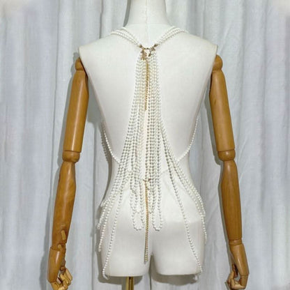 Beaded hollow out metal chain v neck cut out top