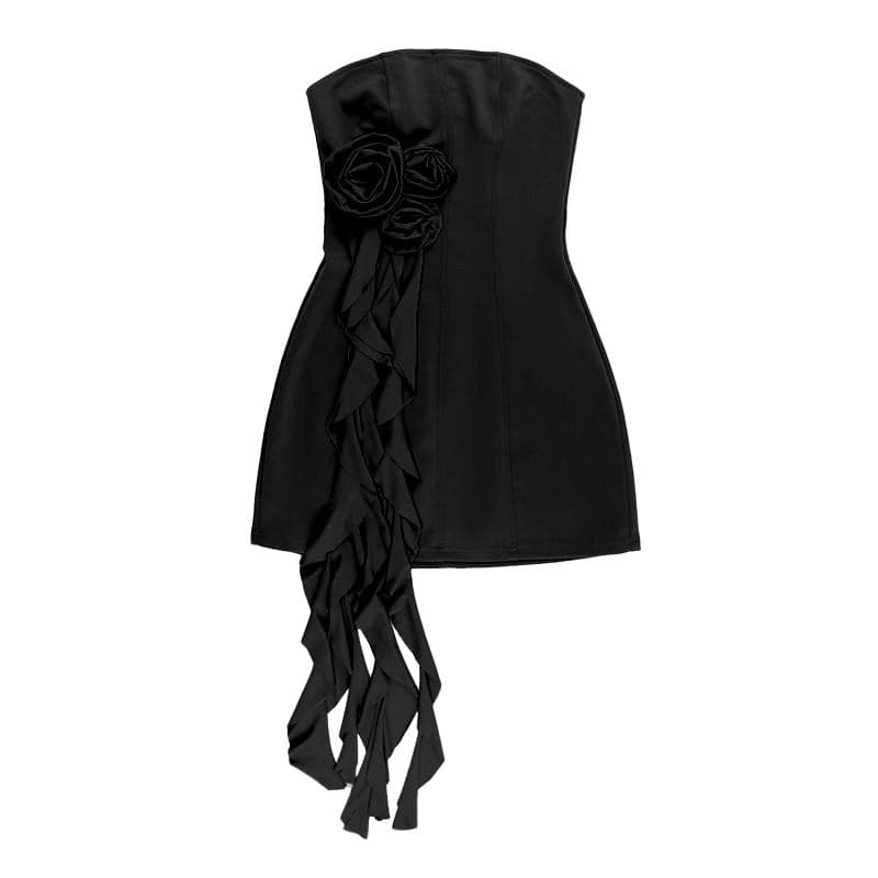 Flower applique ruffle zip-up tube mini dress