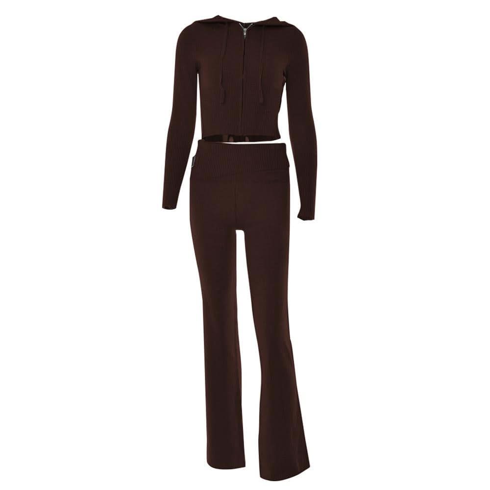 Long sleeve zip-up hoodie drawstring solid pant set