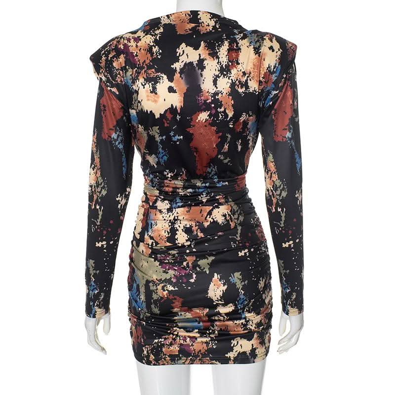 Long sleeve ruched tie dye print crewneck mini dress