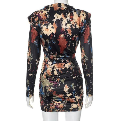 Long sleeve ruched tie dye print crewneck mini dress