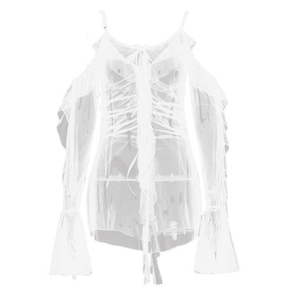 Long flared sleeve Off shoulder sheer mesh ruffle mini dress