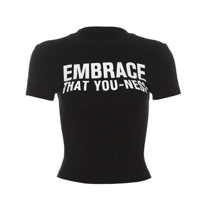 Crewneck short sleeve "EMBRACE" pattern crop top
