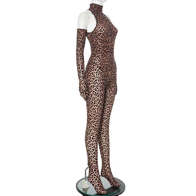 Leopard print high neck gloves zip-up jumpsuit