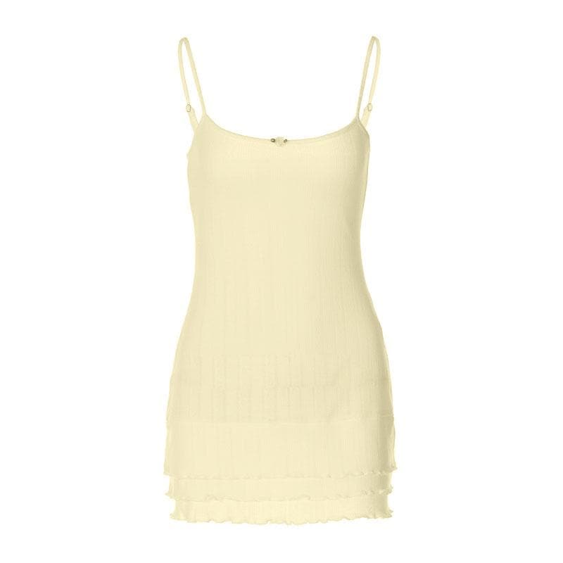 Pointelle Rib Knit Spaghetti Strap Rosebud Applique Tiered Ruffle Mini Dress