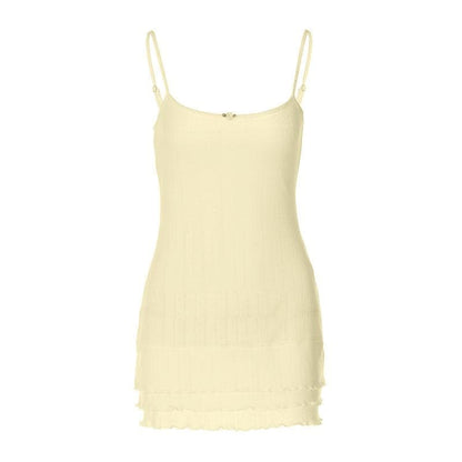 Pointelle Rib Knit Spaghetti Strap Rosebud Applique Tiered Ruffle Mini Dress