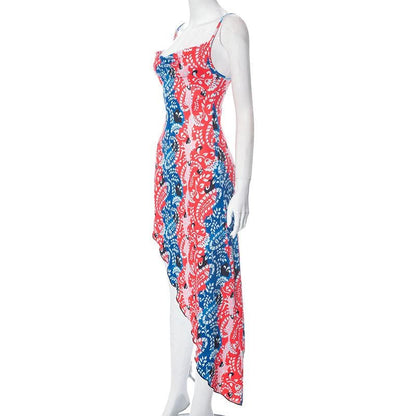 Irregular v neck backless contrast print cowl neck cami midi dress