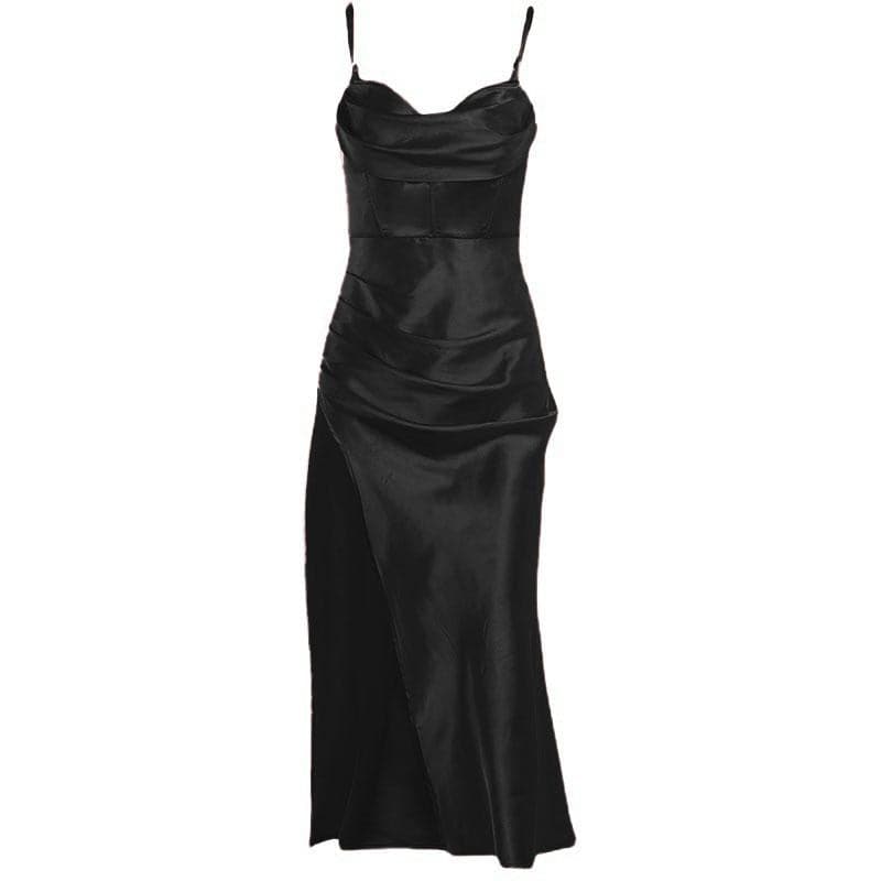 Cowl Neck Spaghetti Strap Corset Bodice Side Ruched Slit Satin Midi Dress