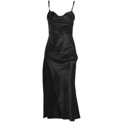 Cowl Neck Spaghetti Strap Corset Bodice Side Ruched Slit Satin Midi Dress