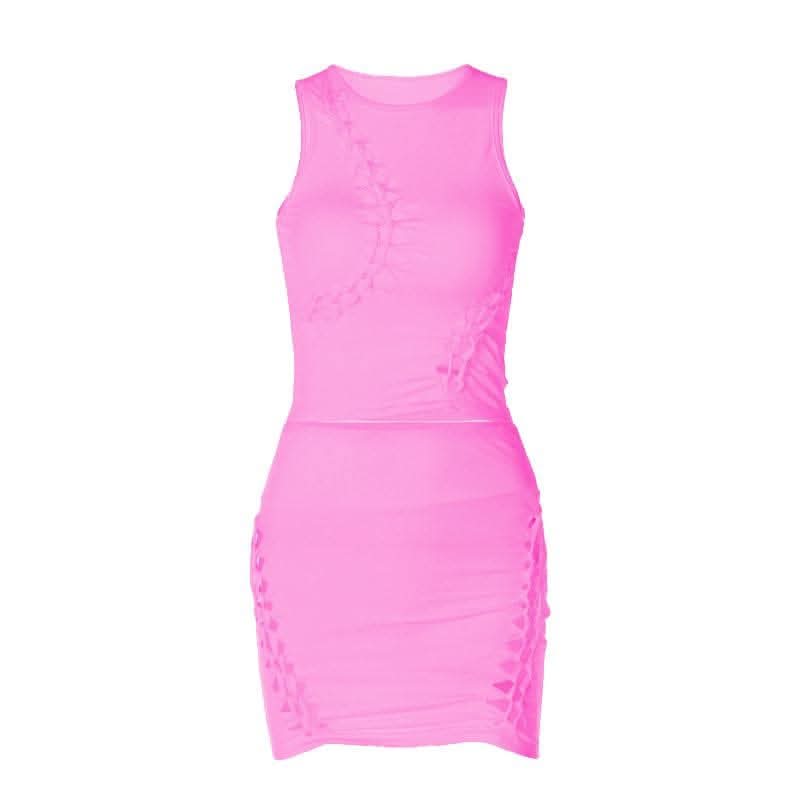 Hollow out solid sleeveless irregular crewneck mini skirt set-final-sale