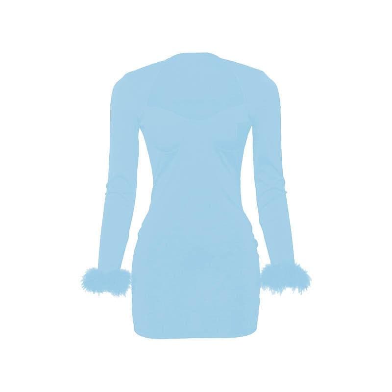 Feather patchwork solid long sleeve low cut mini dress
