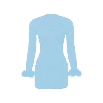 Feather patchwork solid long sleeve low cut mini dress
