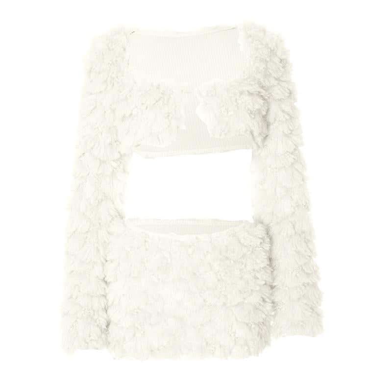 Long sleeve fluffy square neck slit solid mini skirt set