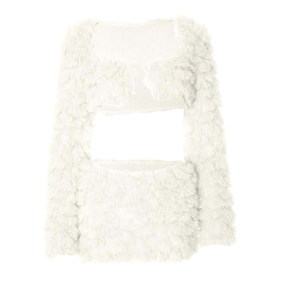 Long sleeve fluffy square neck slit solid mini skirt set
