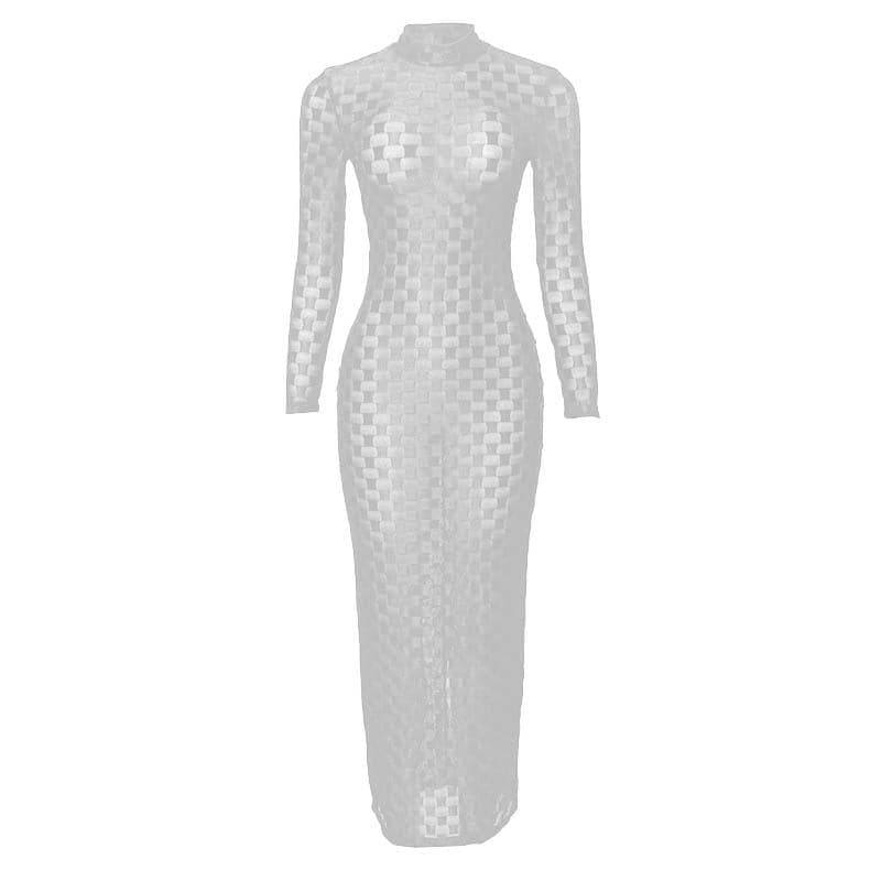 Mock Neck Long Sleeve Sheer Mesh Checkerboard Print Bodycon Maxi Dress
