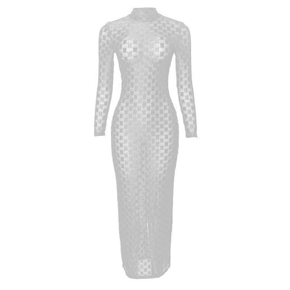 Mock Neck Long Sleeve Sheer Mesh Checkerboard Print Bodycon Maxi Dress