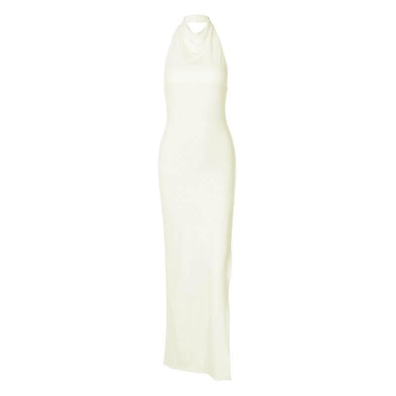 Slit halter sleeveless solid backless ruched maxi dress-final-sale