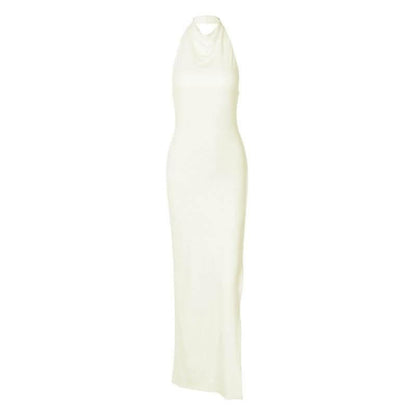 Slit halter sleeveless solid backless ruched maxi dress-final-sale